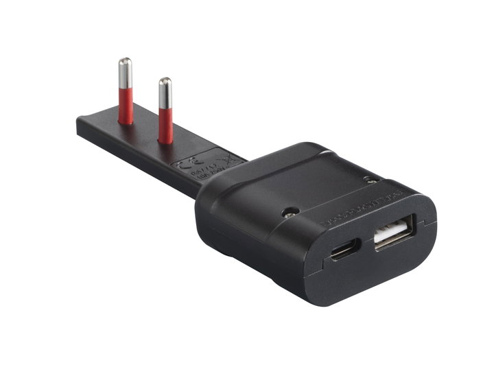 Spina Italiana Ultrapiatta USB-A e USB-C 2P+T 250V 10A 20W Nera - Rosi IPW-SP10-FLAB