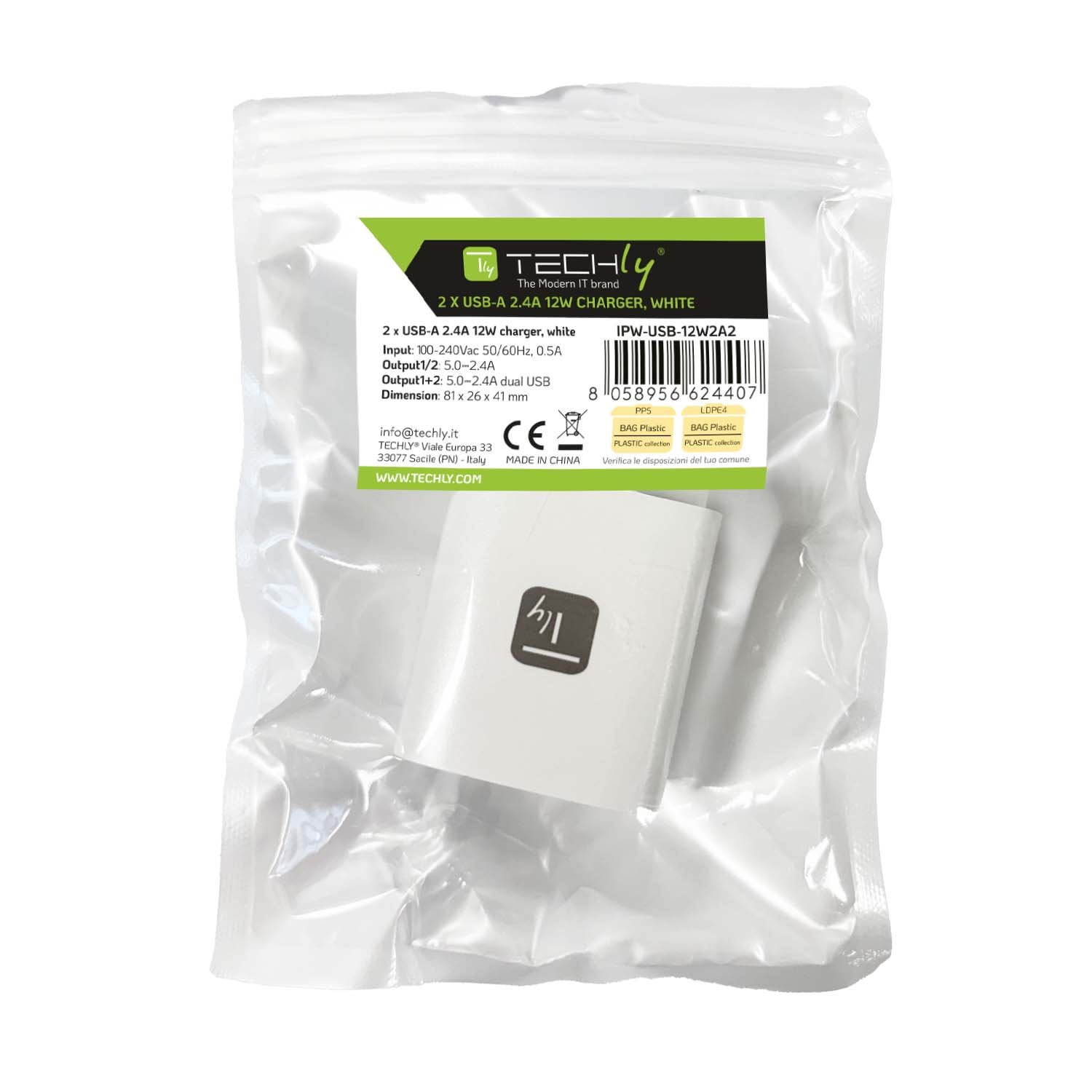 Caricatore Alimentatore 2x USB-A 12W da Muro - Techly IPW-USB-12W2A2