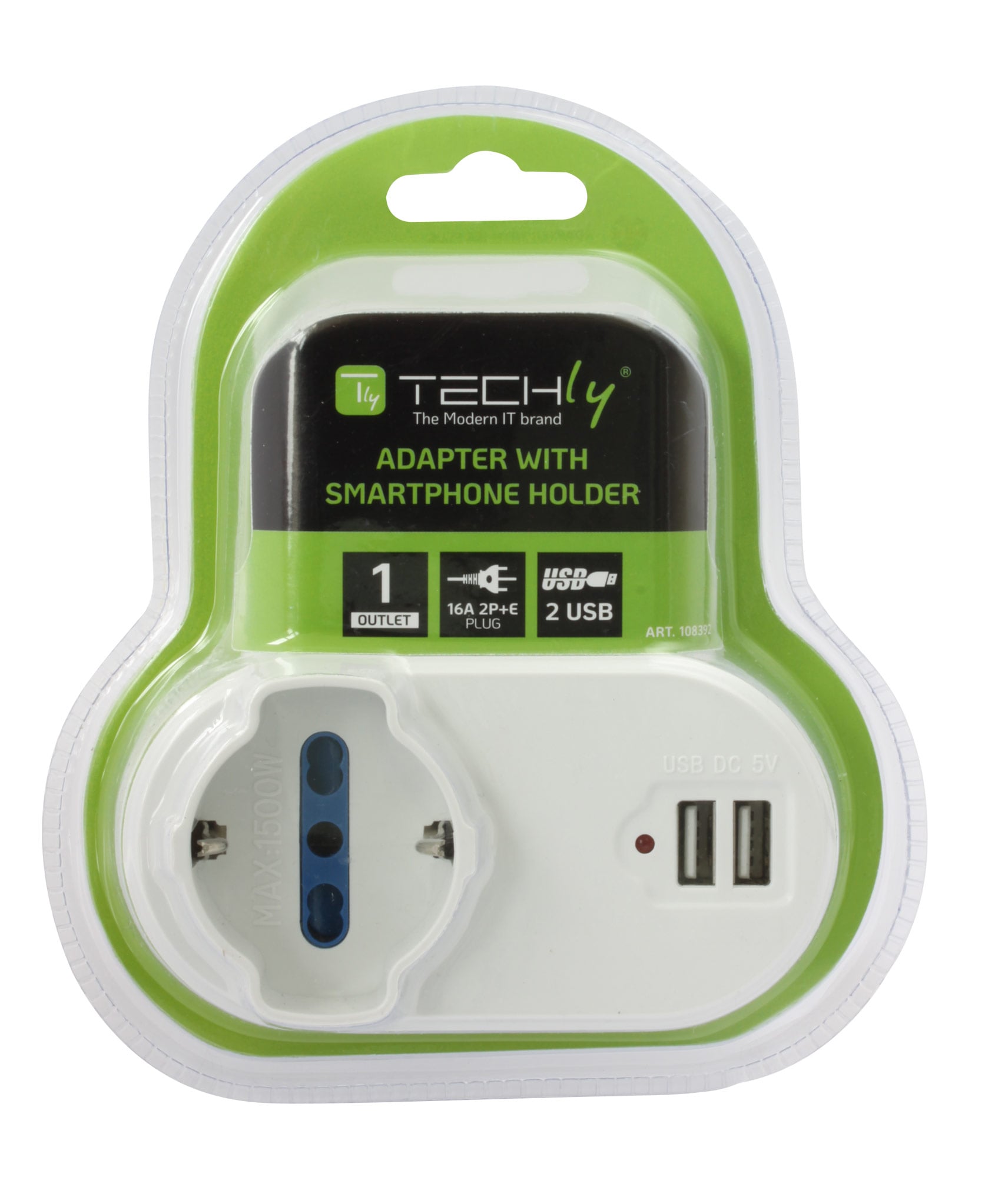 Adattatore Presa bipasso/Schuko 2 USB 1A con porta telefono - Techly IPW-USB-1A2PC