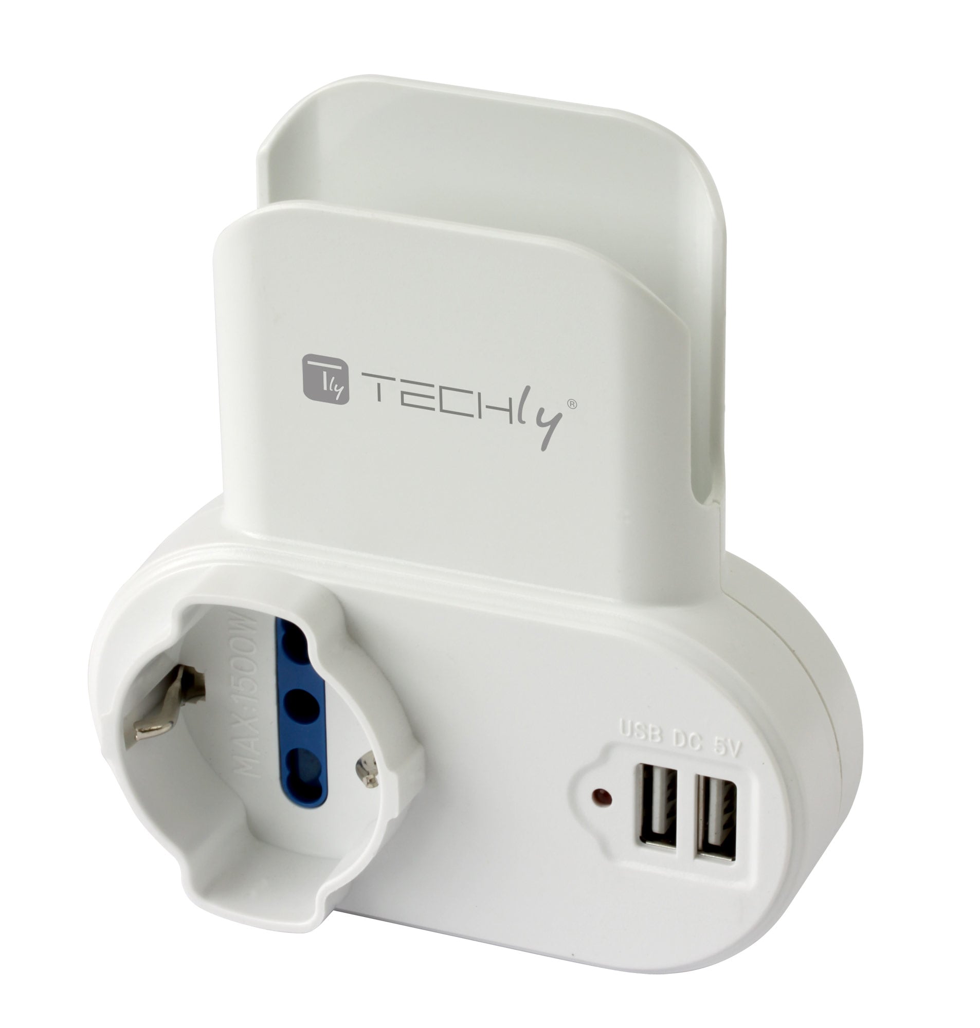 Adattatore Presa bipasso/Schuko 2 USB 1A con porta telefono - Techly IPW-USB-1A2PC