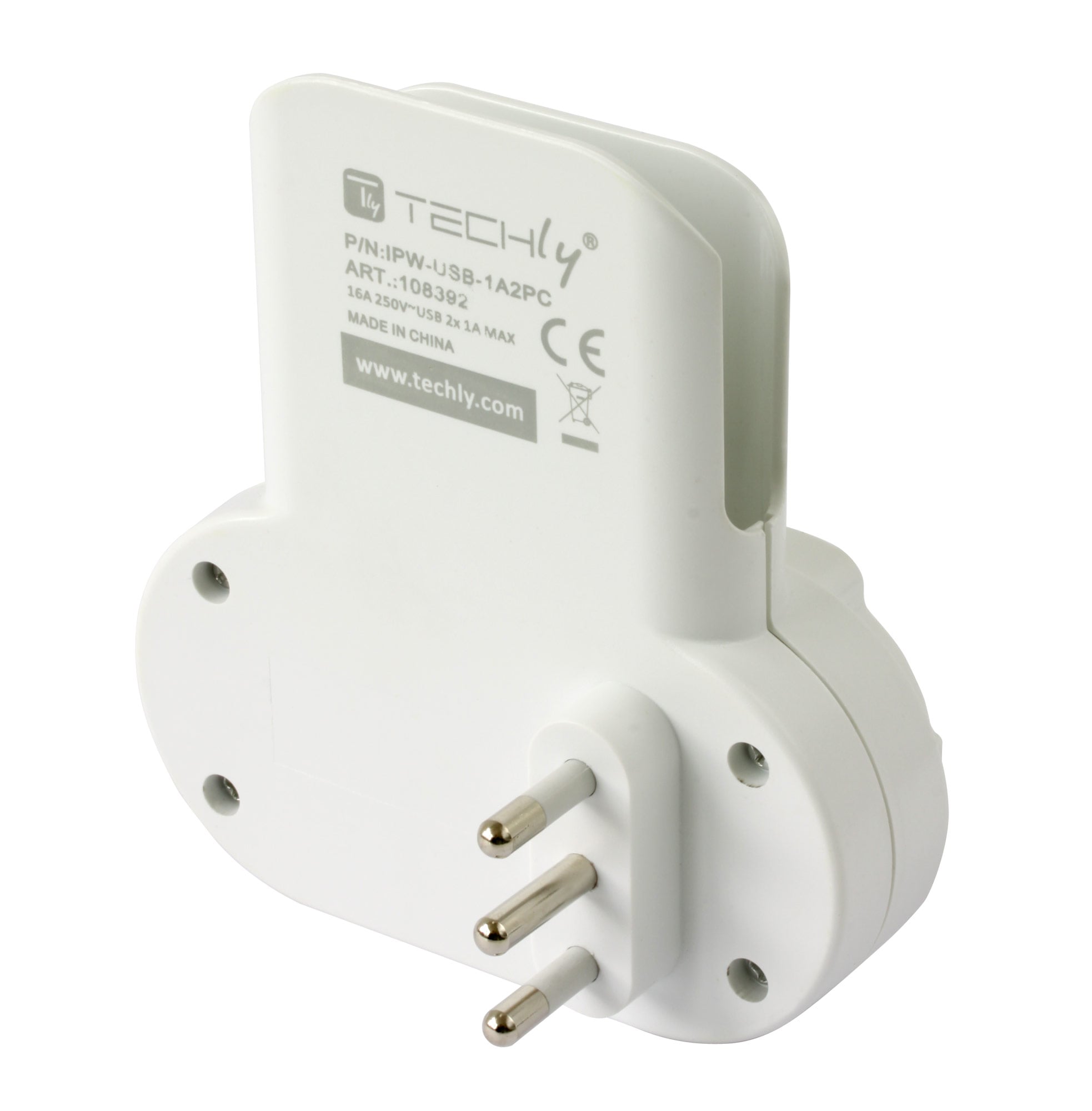 Adattatore Presa bipasso/Schuko 2 USB 1A con porta telefono - Techly IPW-USB-1A2PC