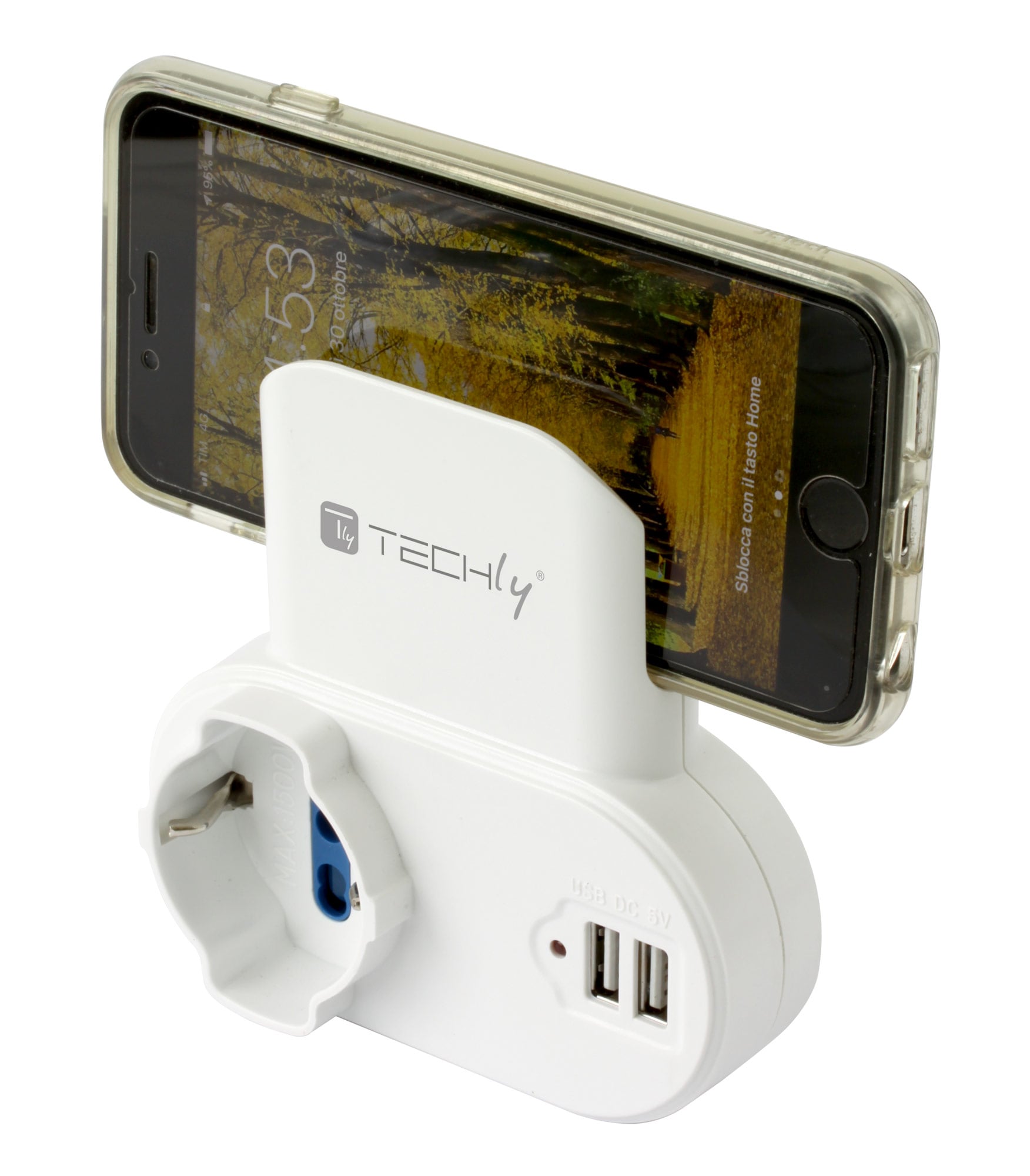 Adattatore Presa bipasso/Schuko 2 USB 1A con porta telefono - Techly IPW-USB-1A2PC