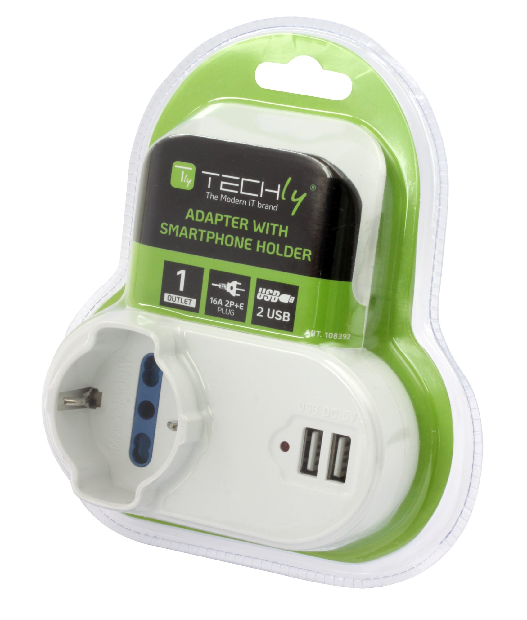 Adattatore Presa bipasso/Schuko 2 USB 1A con porta telefono - Techly IPW-USB-1A2PC