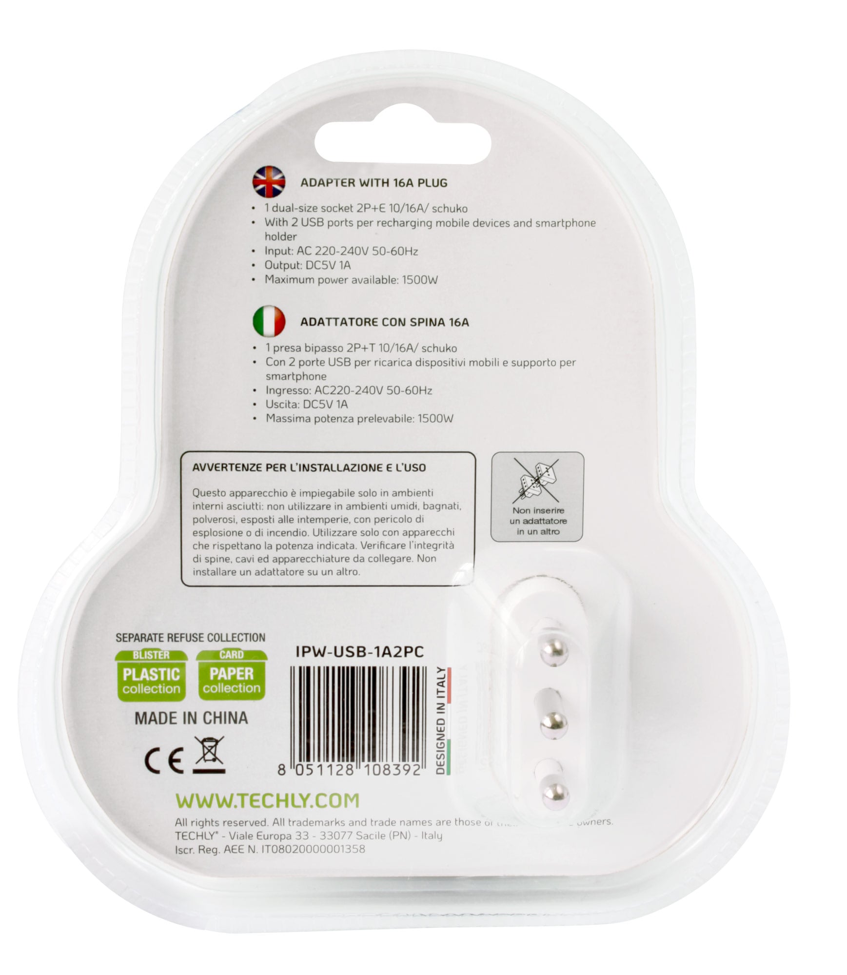 Adattatore Presa bipasso/Schuko 2 USB 1A con porta telefono - Techly IPW-USB-1A2PC