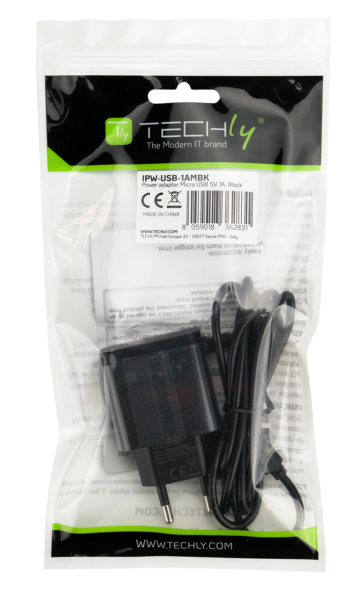 Caricabatterie Alimentatore Micro USB 5V 1A per Smartphone Tablet Nero - Techly IPW-USB-1AMBK
