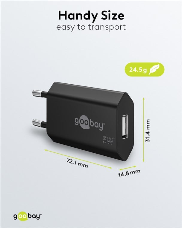 Caricatore USB 1A 5W Compatto Spina Europea Nero - Goobay IPW-USB-1AVB