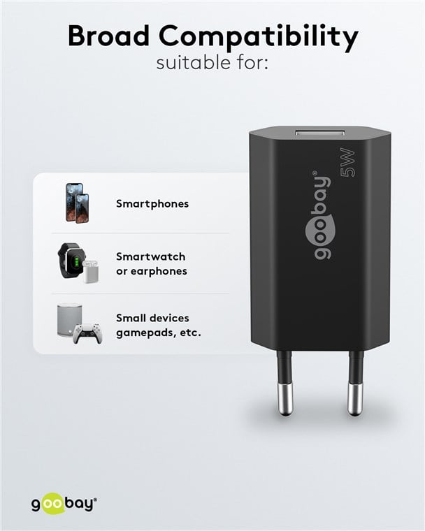 Caricatore USB 1A 5W Compatto Spina Europea Nero - Goobay IPW-USB-1AVB