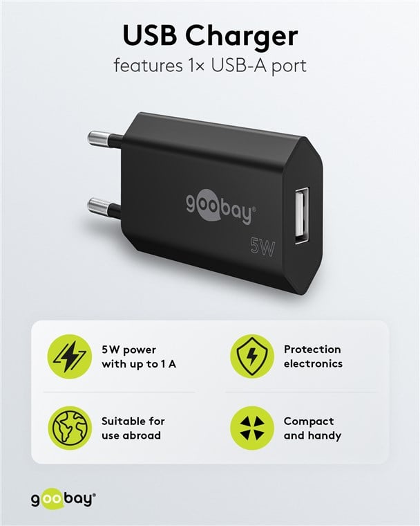 Caricatore USB 1A 5W Compatto Spina Europea Nero - Goobay IPW-USB-1AVB