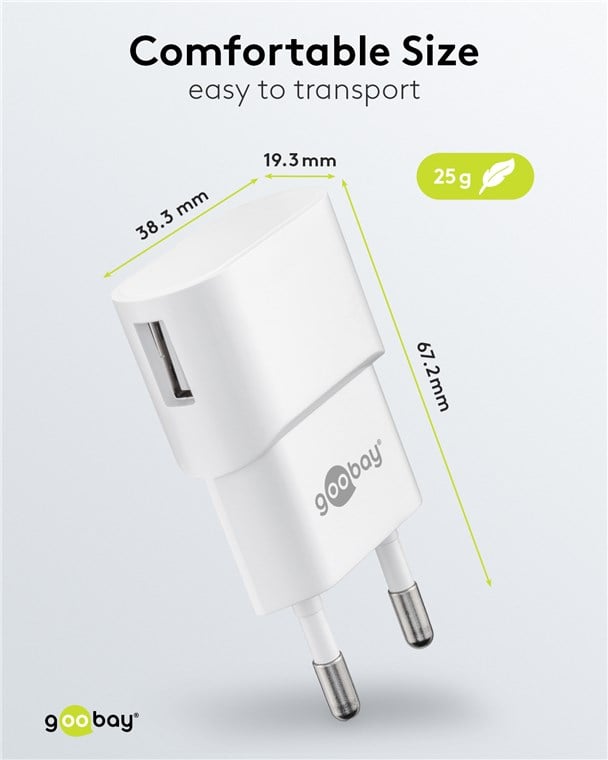 Caricatore USB 1A 5W Compatto Spina Europea Bianco - Goobay IPW-USB-1AVW