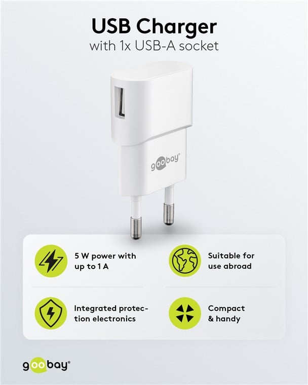 Caricatore USB 1A 5W Compatto Spina Europea Bianco - Goobay IPW-USB-1AVW