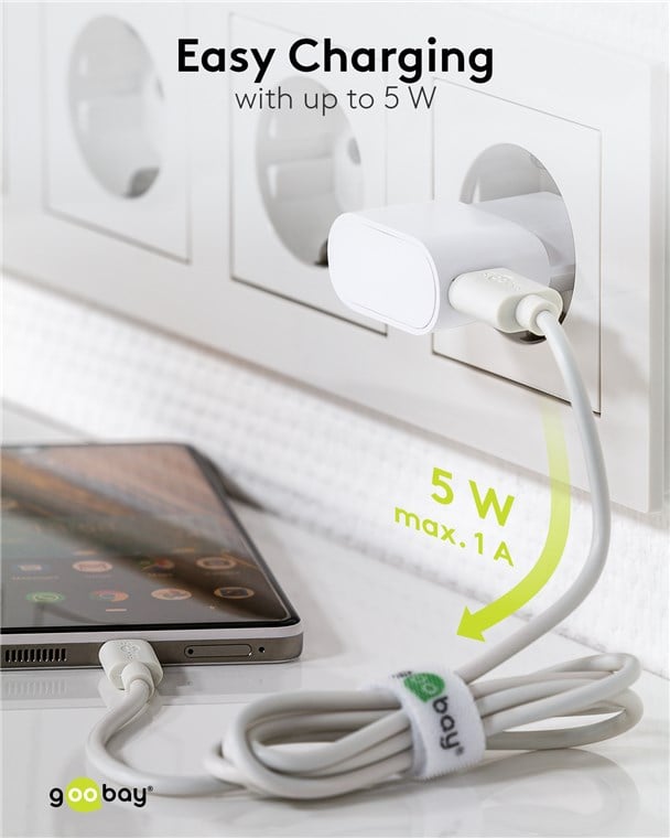 Caricatore USB 1A 5W Compatto Spina Europea Bianco - Goobay IPW-USB-1AVW