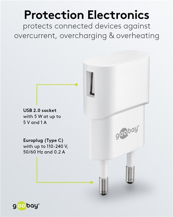 Caricatore USB 1A 5W Compatto Spina Europea Bianco - Goobay IPW-USB-1AVW