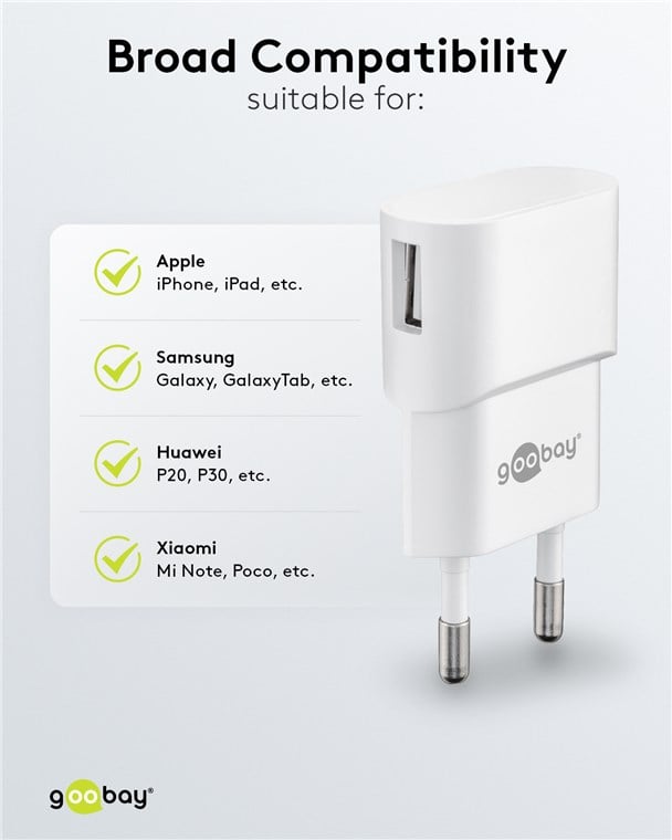 Caricatore USB 1A 5W Compatto Spina Europea Bianco - Goobay IPW-USB-1AVW
