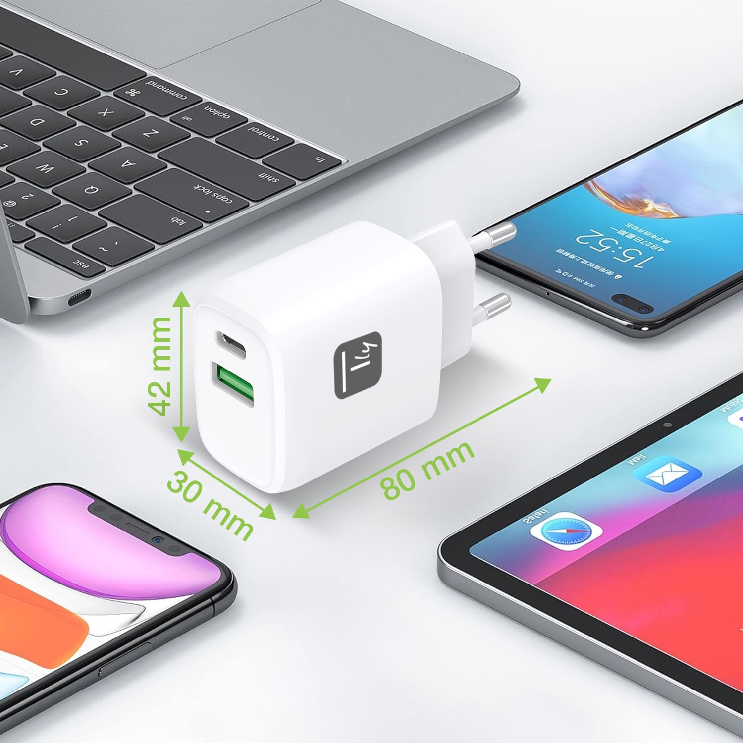 Caricatore Alimentatore GaN USB-C™ 20W e USB-A 18W da Muro - Techly IPW-USB-20WACG