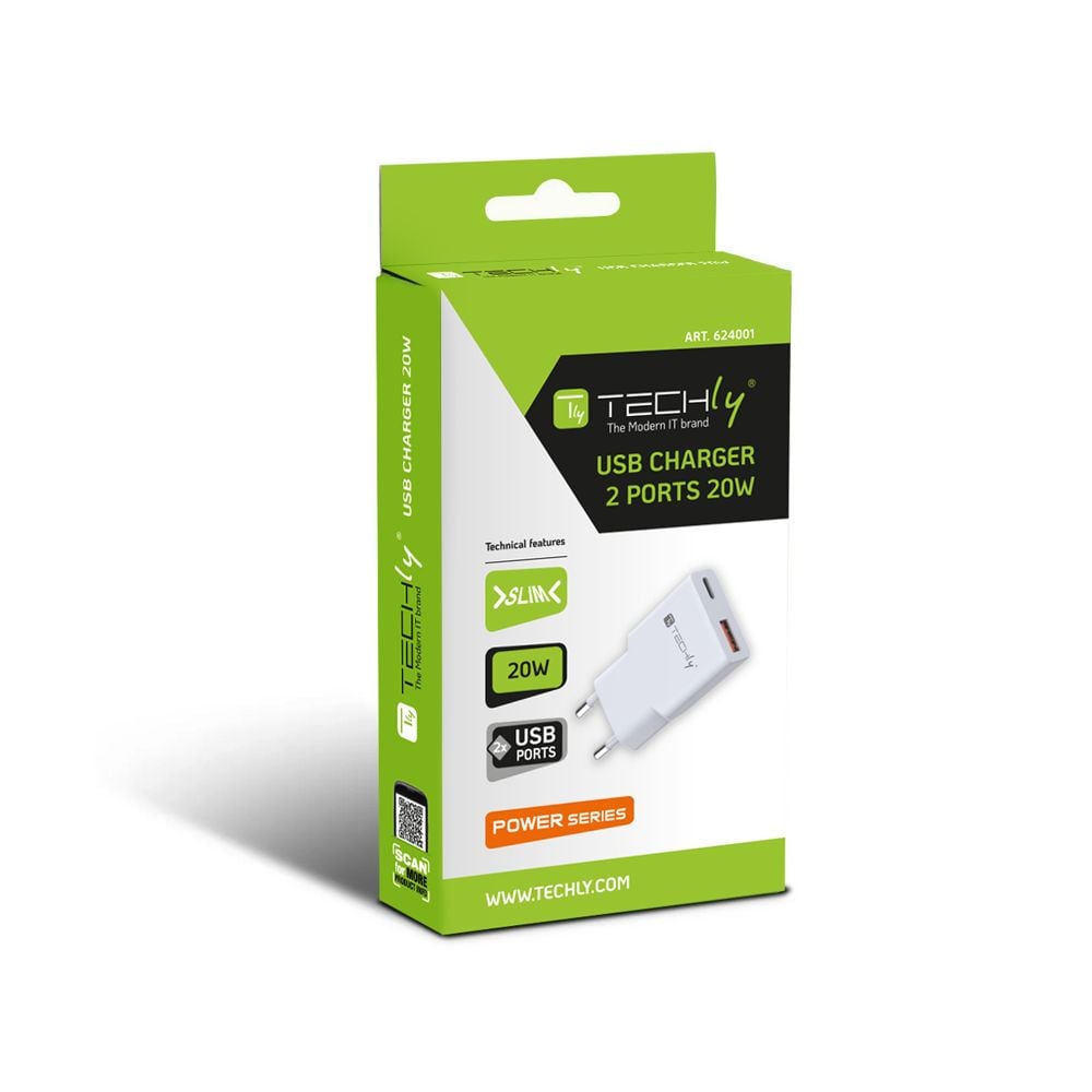 Caricatore Alimentatore USB-C™ 20W e USB-A QC da Muro - Techly IPW-USB-20WACLT