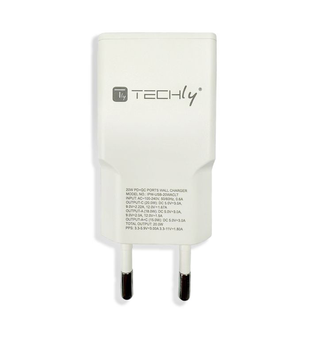 Caricatore Alimentatore USB-C™ 20W e USB-A QC da Muro - Techly IPW-USB-20WACLT