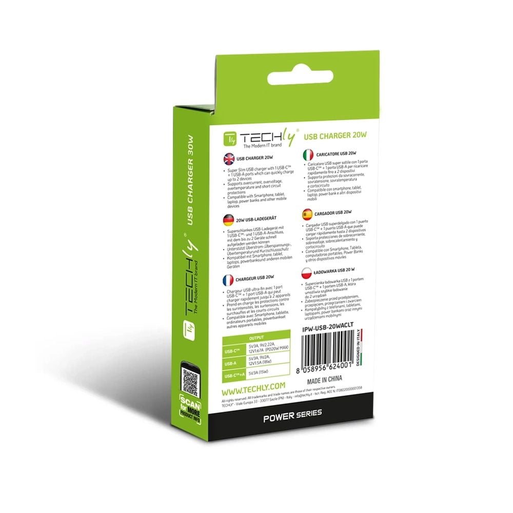 Caricatore Alimentatore USB-C™ 20W e USB-A QC da Muro - Techly IPW-USB-20WACLT