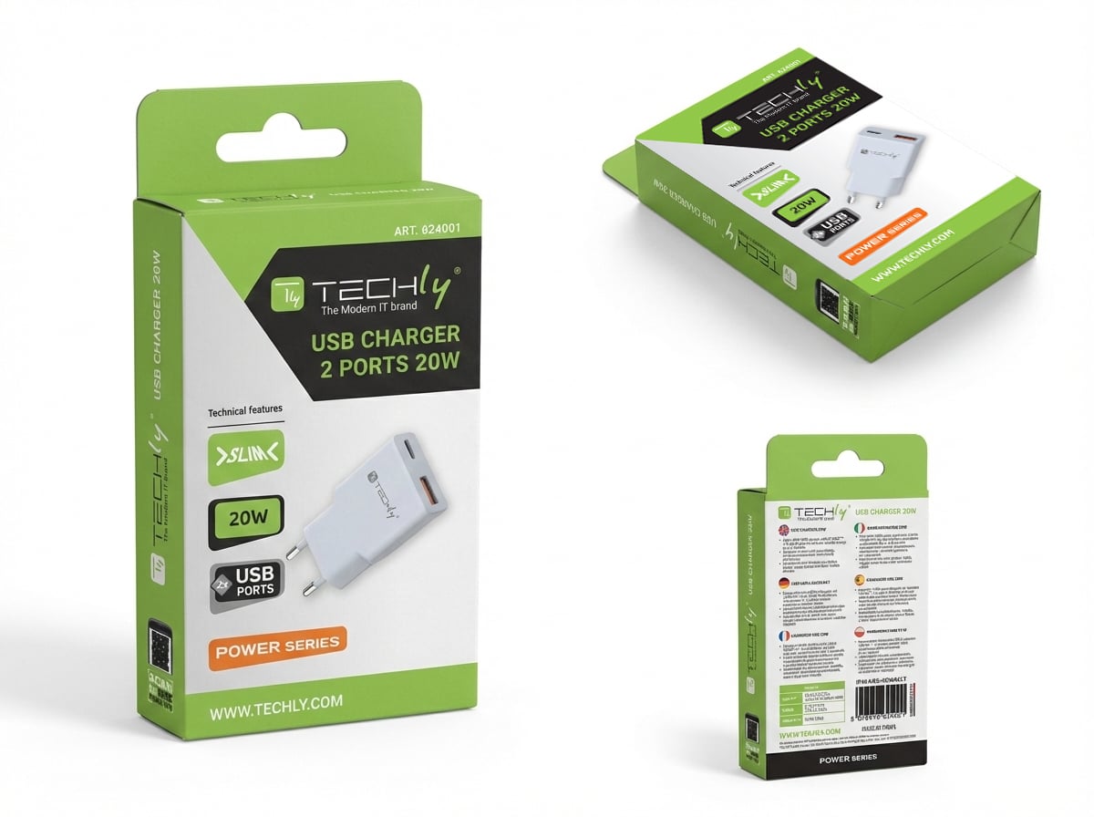 Caricatore Alimentatore USB-C™ 20W e USB-A QC da Muro - Techly IPW-USB-20WACLT