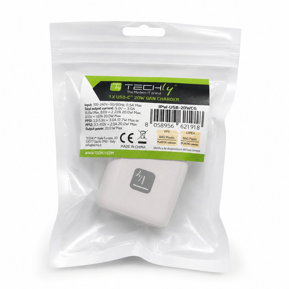 Caricatore Alimentatore GaN USB-C™ da Muro 20W - Techly IPW-USB-20WCG