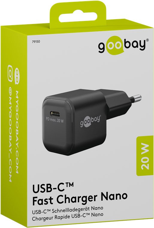 Alimentatore Caricatore Rapido USB-C™ PD GaN Nano 20W 3A Nero - Goobay IPW-USB-20WQB3