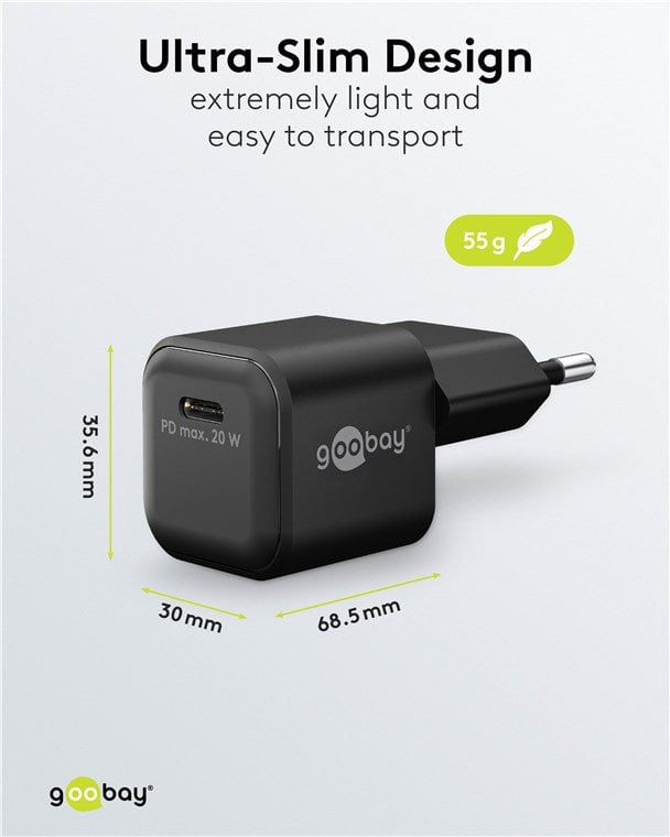 Alimentatore Caricatore Rapido USB-C™ PD GaN Nano 20W 3A Nero - Goobay IPW-USB-20WQB3