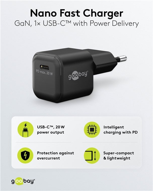 Alimentatore Caricatore Rapido USB-C™ PD GaN Nano 20W 3A Nero - Goobay IPW-USB-20WQB3