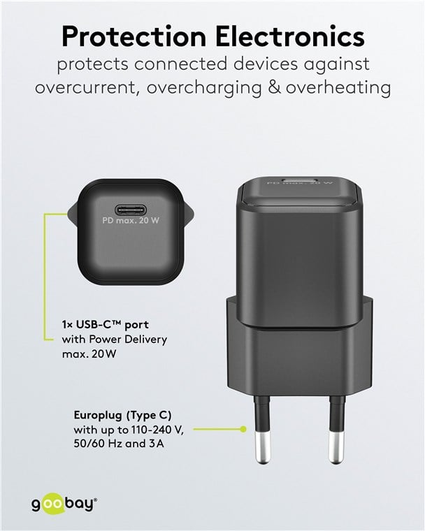 Alimentatore Caricatore Rapido USB-C™ PD GaN Nano 20W 3A Nero - Goobay IPW-USB-20WQB3