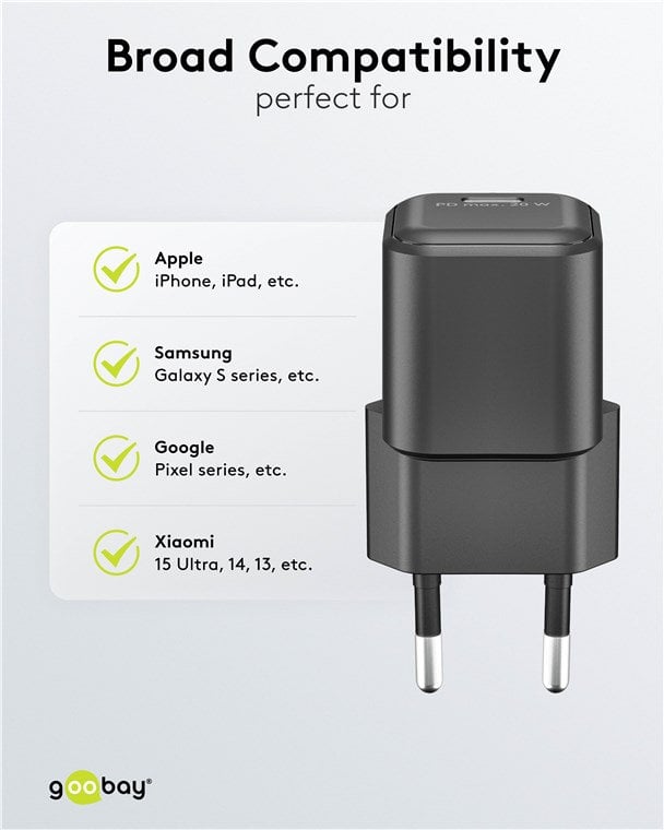 Alimentatore Caricatore Rapido USB-C™ PD GaN Nano 20W 3A Nero - Goobay IPW-USB-20WQB3