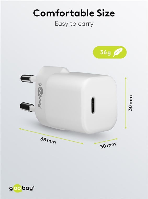 Alimentatore Caricatore Rapido USB-C™ PD GaN Nano 20W 3A Bianco - Goobay IPW-USB-20WQW2