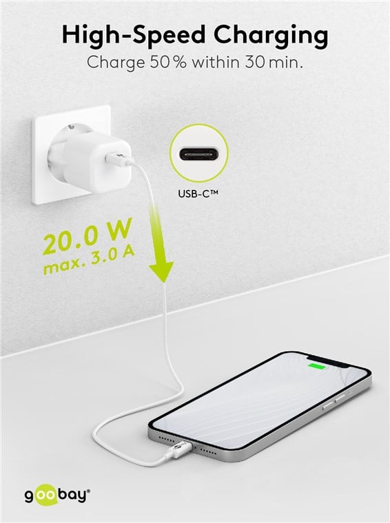 Alimentatore Caricatore Rapido USB-C™ PD GaN Nano 20W 3A Bianco - Goobay IPW-USB-20WQW2