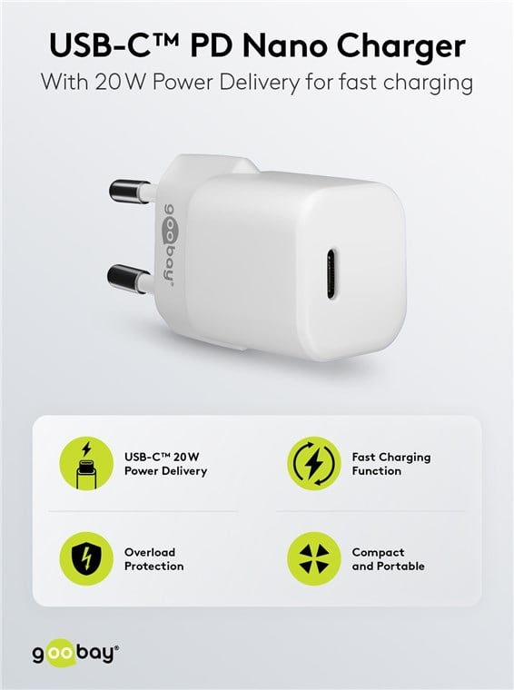 Alimentatore Caricatore Rapido USB-C™ PD GaN Nano 20W 3A Bianco - Goobay IPW-USB-20WQW2