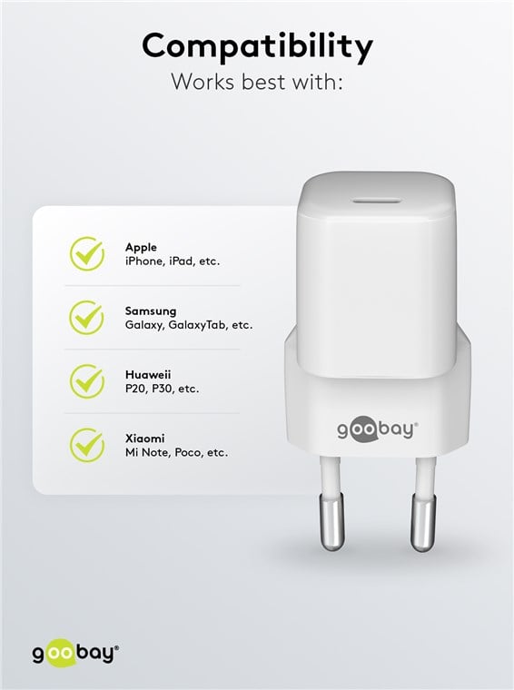 Alimentatore Caricatore Rapido USB-C™ PD GaN Nano 20W 3A Bianco - Goobay IPW-USB-20WQW2