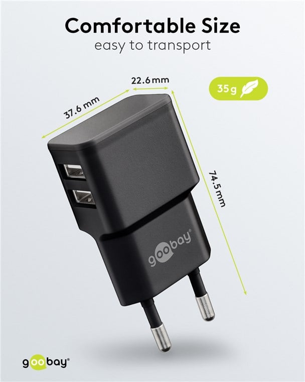 2 Wall Charger USB-A Doors 12 W Slim Design Black - Goobay IPW-USB- 224 B