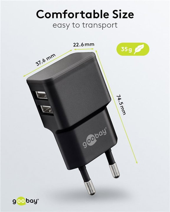 2 Wall Charger USB-A Doors 12 W Slim Design Black - Goobay IPW-USB- 224 B