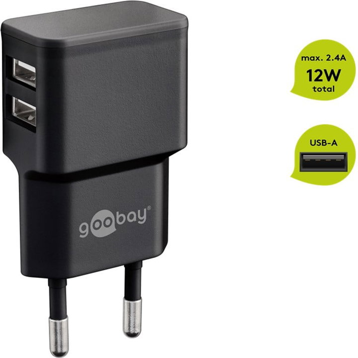 2 Wall Charger USB-A Doors 12 W Slim Design Black - Goobay IPW-USB- 224 B