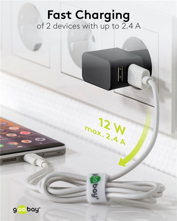 2 Wall Charger USB-A Doors 12 W Slim Design Black - Goobay IPW-USB- 224 B