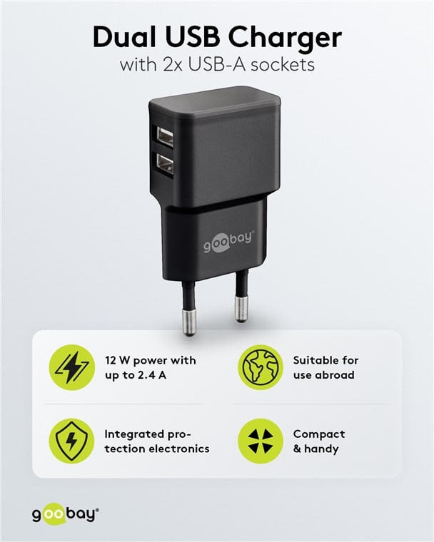 2 Wall Charger USB-A Doors 12 W Slim Design Black - Goobay IPW-USB- 224 B