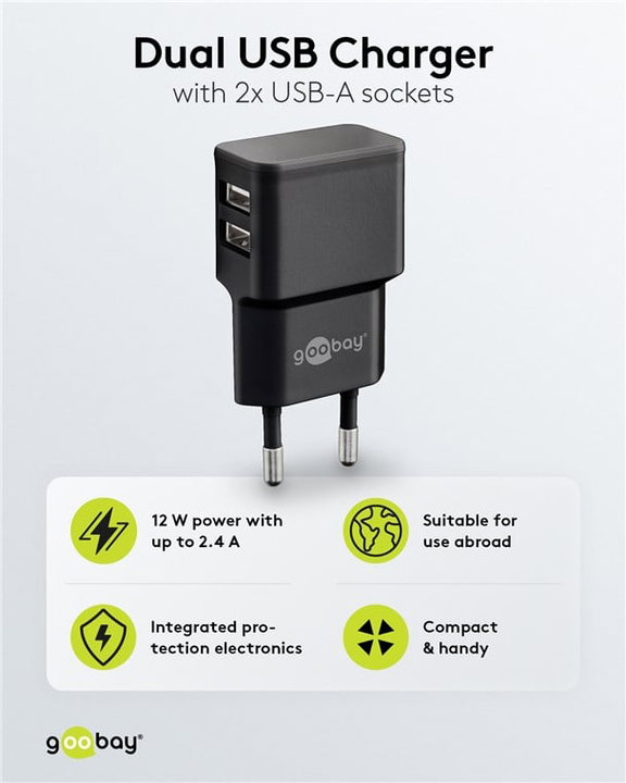 2 Wall Charger USB-A Doors 12 W Slim Design Black - Goobay IPW-USB- 224 B