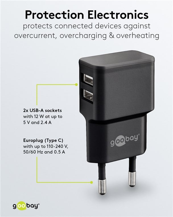 2 Wall Charger USB-A Doors 12 W Slim Design Black - Goobay IPW-USB- 224 B