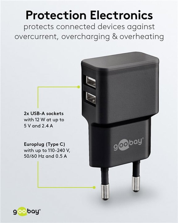 2 Wall Charger USB-A Doors 12 W Slim Design Black - Goobay IPW-USB- 224 B