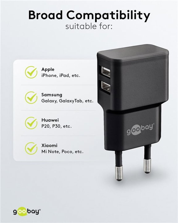 2 Wall Charger USB-A Doors 12 W Slim Design Black - Goobay IPW-USB- 224 B