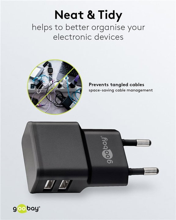 2 Wall Charger USB-A Doors 12 W Slim Design Black - Goobay IPW-USB- 224 B