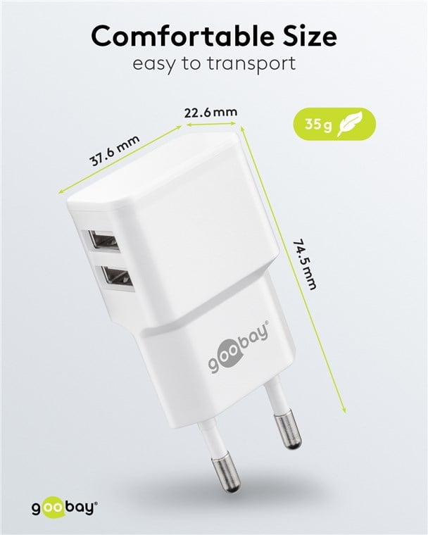 2 Wall Charger USB-A Doors 12 W Slim Design White - Goobay IPW-USB- 224 W