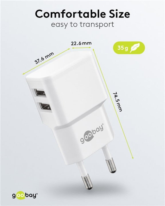 Caricatore da Muro 2 Porte USB-A 12W Slim Design Bianco - Goobay IPW-USB-224W