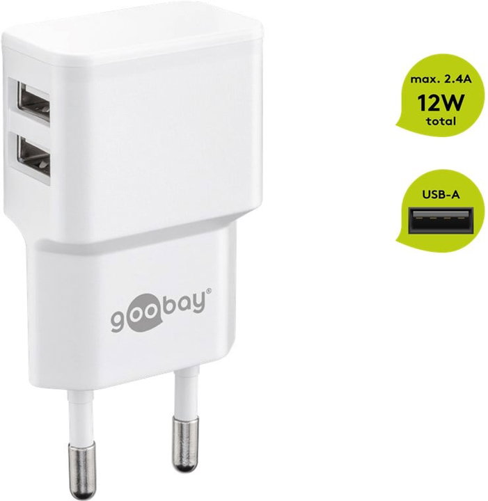 Caricatore da Muro 2 Porte USB-A 12W Slim Design Bianco - Goobay IPW-USB-224W