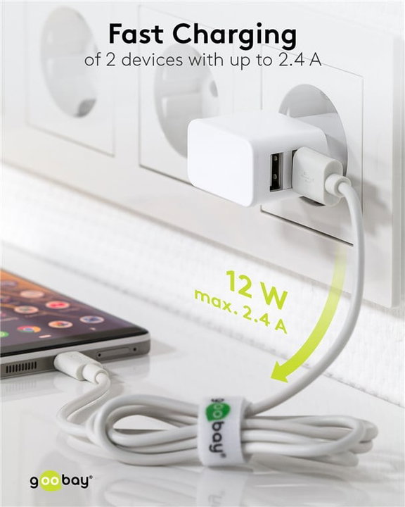 Caricatore da Muro 2 Porte USB-A 12W Slim Design Bianco - Goobay IPW-USB-224W