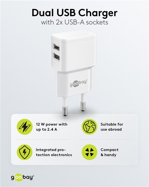 2 Wall Charger USB-A Doors 12 W Slim Design White - Goobay IPW-USB- 224 W