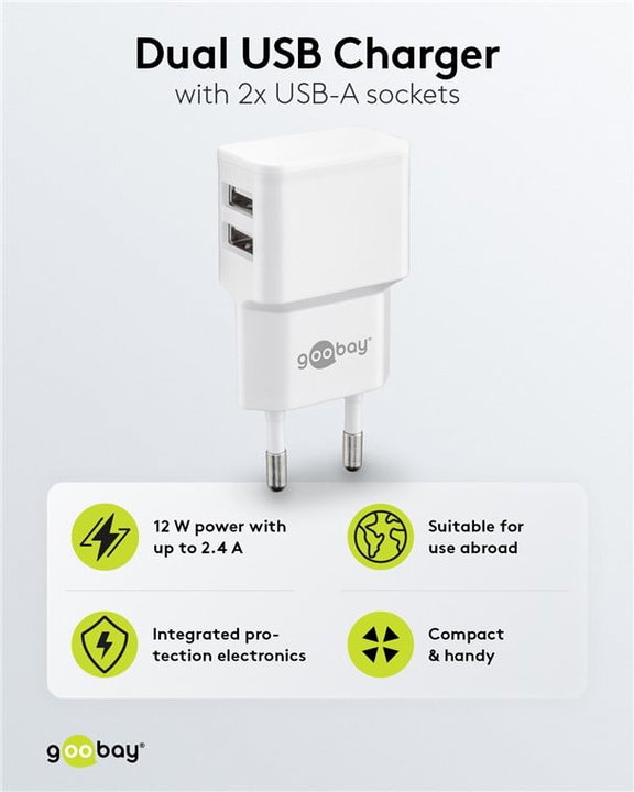 Caricatore da Muro 2 Porte USB-A 12W Slim Design Bianco - Goobay IPW-USB-224W