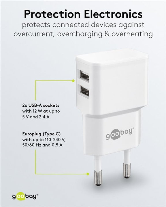Caricatore da Muro 2 Porte USB-A 12W Slim Design Bianco - Goobay IPW-USB-224W