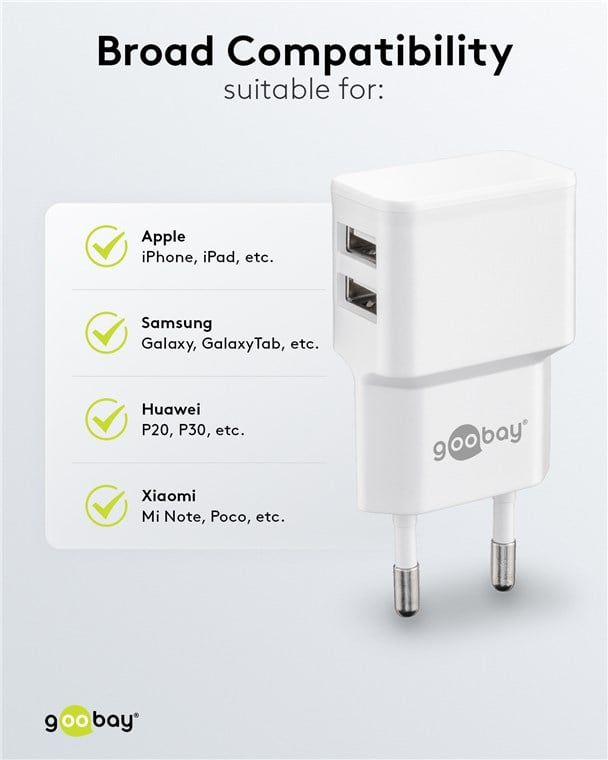 2 Wall Charger USB-A Doors 12 W Slim Design White - Goobay IPW-USB- 224 W